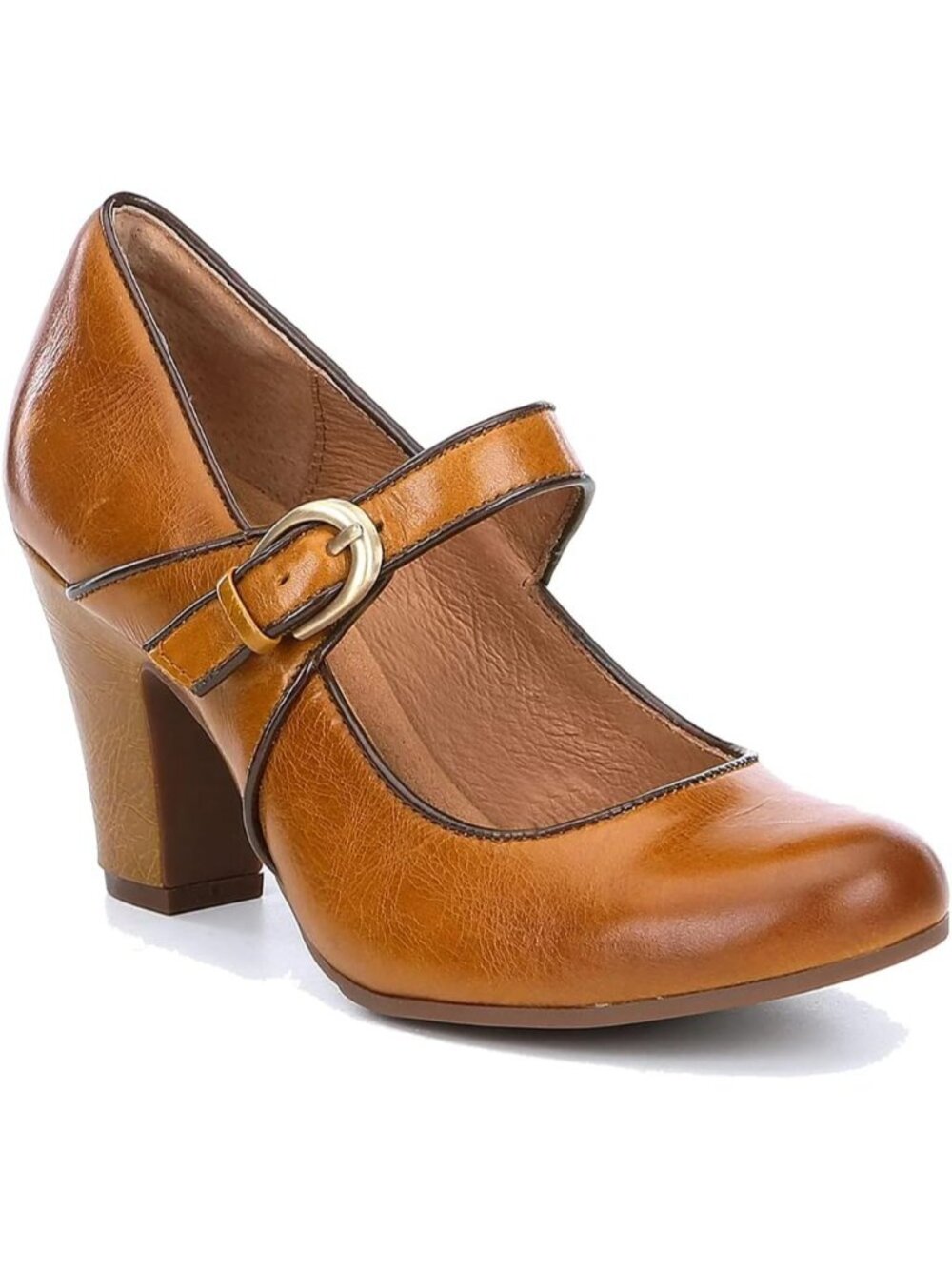 Women's Gold Vintage Chunky Round Closed Toe Ankle Strap Patchwork Buckle Pumps - Picture 4 of 7